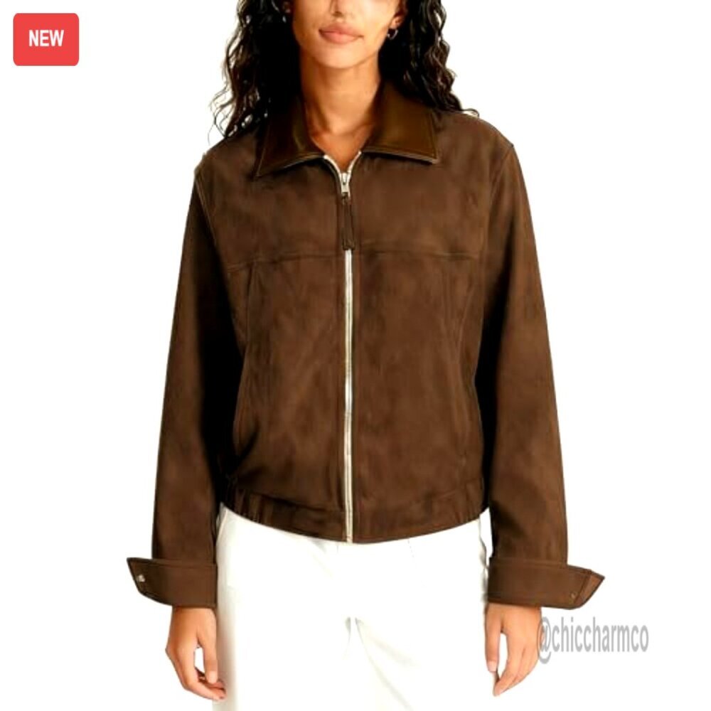 Faux Suede Cropped Jacket with Contrast Collar, Zip Front, Relaxed Fit - Picture 4 of 7